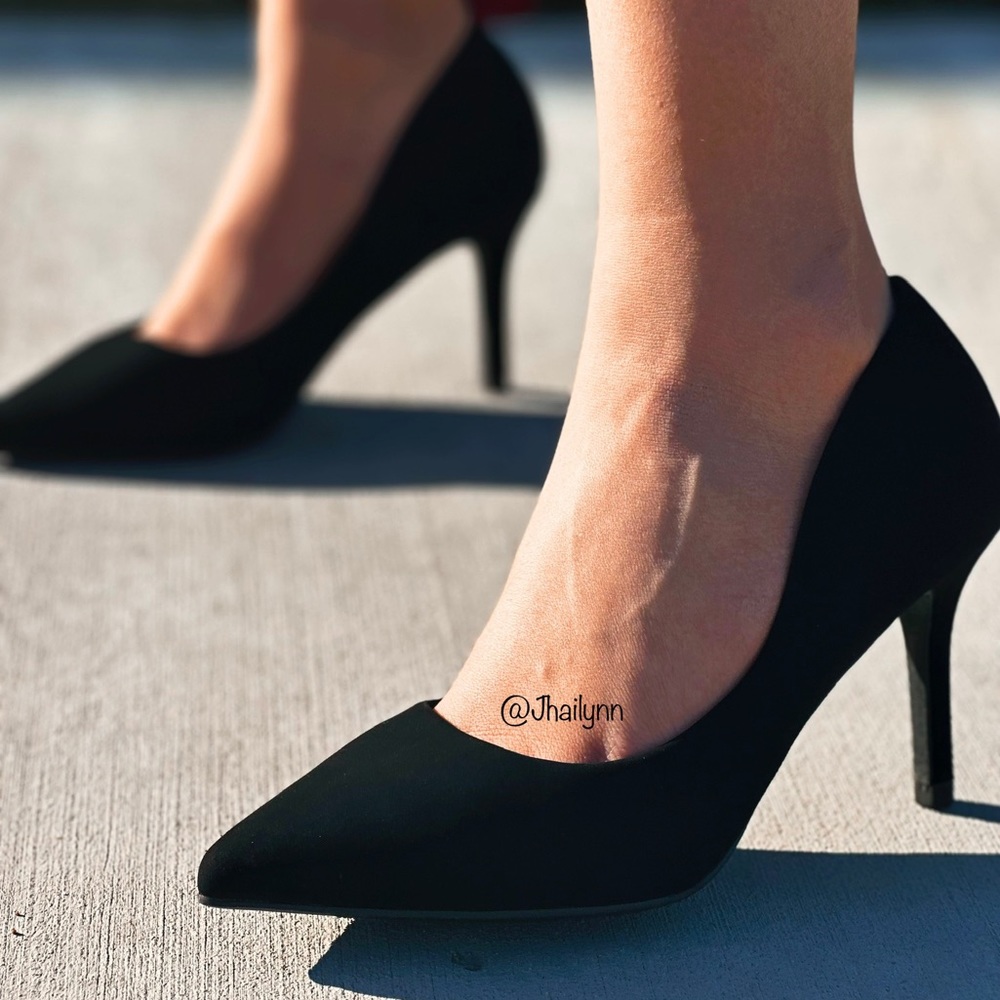 Black faux suede pointed toe pump